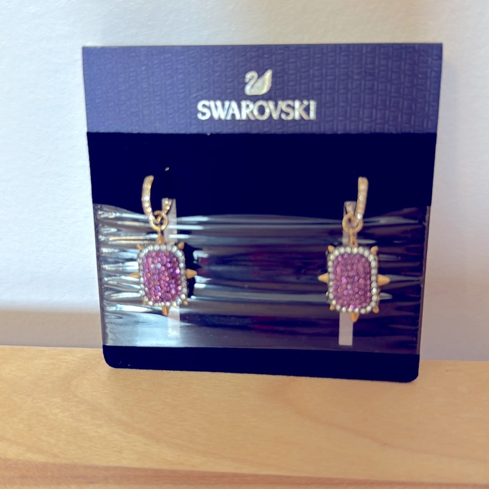 NWT Swarovski Tarot Magic Hoop Pierced Earrings, Purple Gold Tone Plated 5490915
